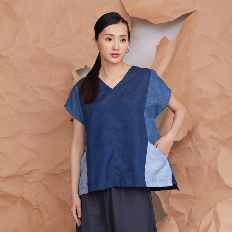 群嶼回收麻拼接上衣_藍海_公平貿易 - 女上衣/長袖上衣 - 棉．麻 藍色