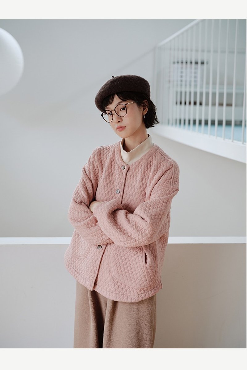 菱格圓領加絨外套開衫長袖 - 女大衣/外套 - 棉．麻 多色