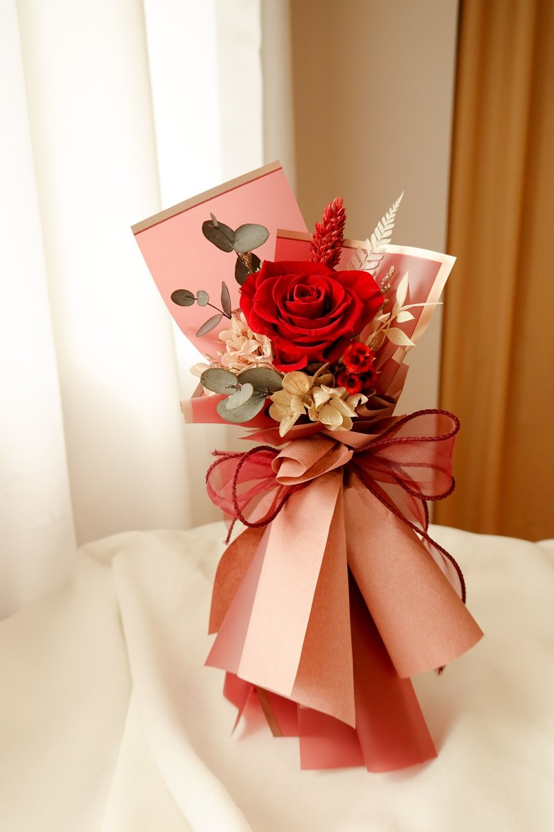 Single Preserved Rose Bouquet-Big Wine Red Rose - ช่อดอกไม้แห้ง - พืช/ดอกไม้ สีแดง
