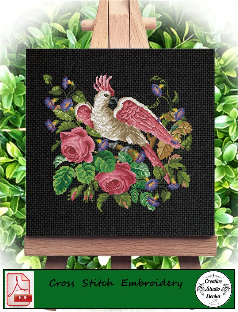 Vintage Cross Stitch Scheme Parrot and Roses  - PDF Embroidery Scheme - 編織/羊毛氈/布藝 - 其他材質 