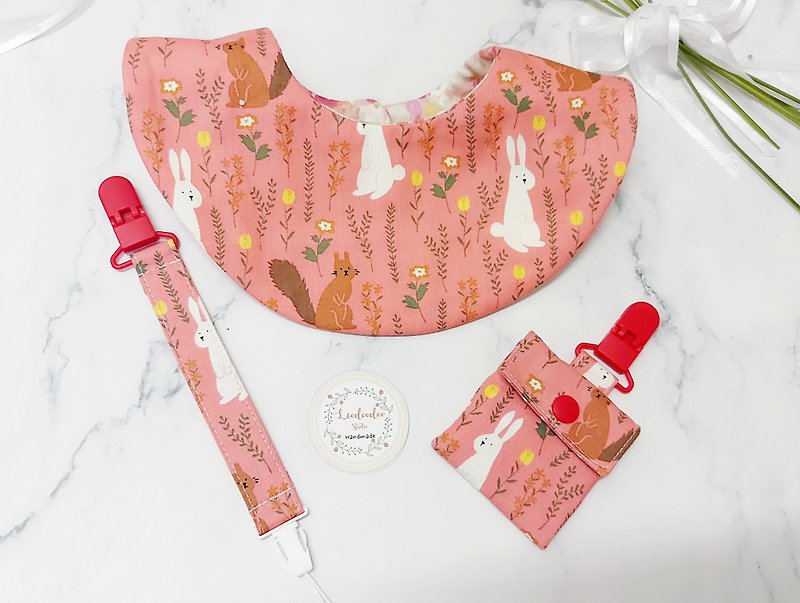 Quick shipment [Pink Peach Squirrel Rabbit] Ready in stock/three-piece set for girls - bib - peace charm bag - pacifier chain - Baby Gift Sets - Cotton & Hemp 
