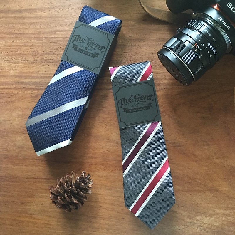 (THE GENT) Night Blue Silver Stripe | Grey Vintage Red Crimson Stripe Necktie - Ties & Tie Clips - Cotton & Hemp Multicolor
