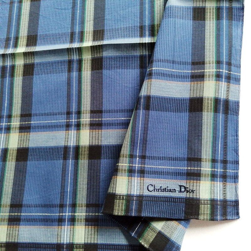 Christian Dior Vintage Handkerchief Pocket Square Plaid 19 x 19 inches - 手帕 - 棉．麻 藍色