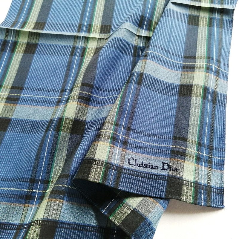 Vintage Christian Dior Blue Plaid Woven Handkerchief Tartan 19 x 19 inches - 手帕 - 棉．麻 藍色