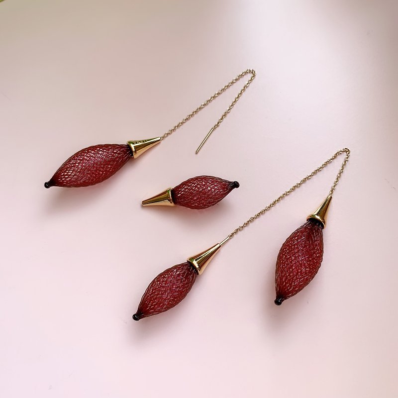 Custom-made-French handmade nylon double earrings_burgundy - Earrings & Clip-ons - Polyester Red
