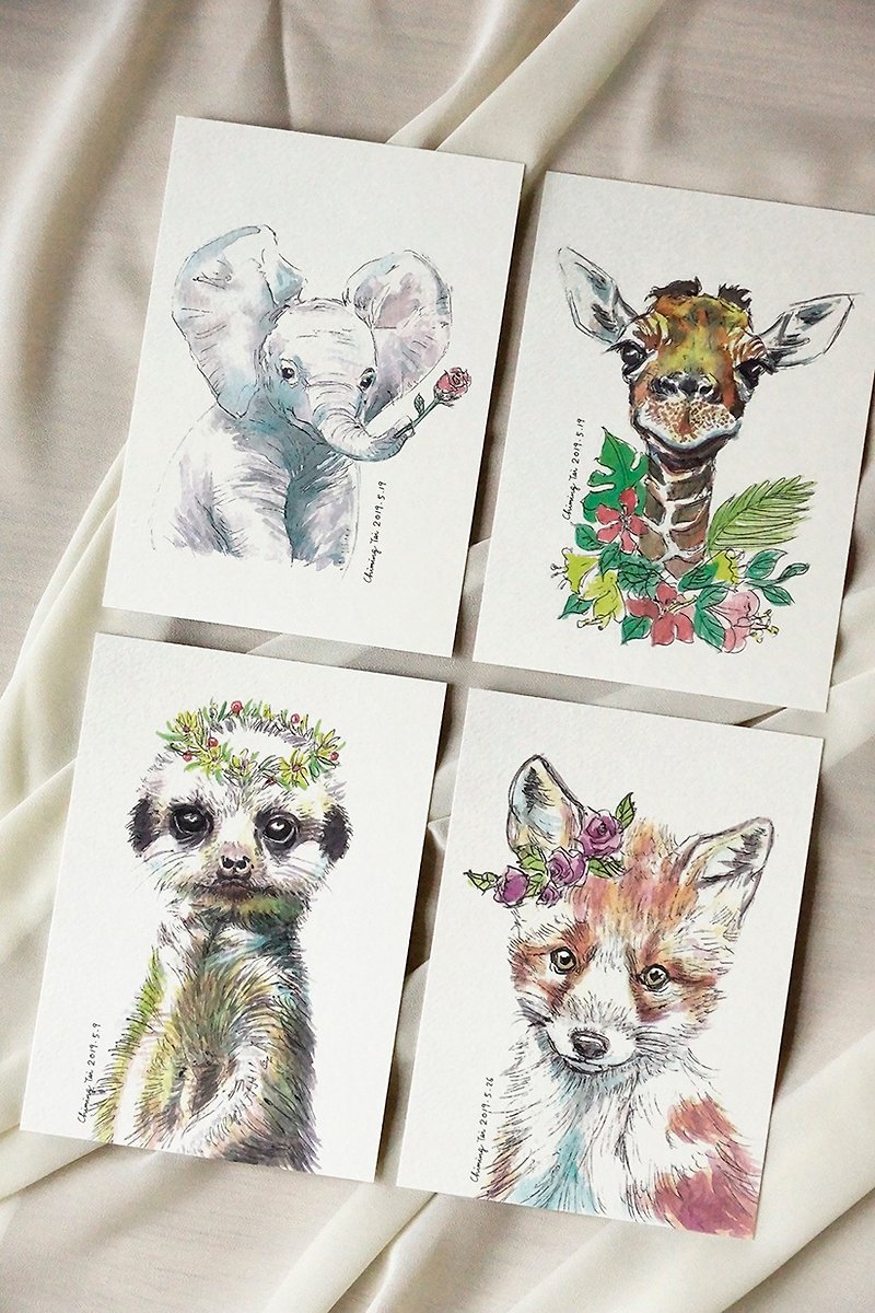 Flower and animal watercolor hand-painted series/a set of 4/universal postcard - การ์ด/โปสการ์ด - กระดาษ 