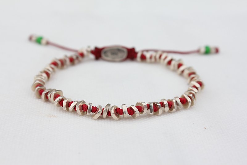 Hand tie knot style 925 silver handmade silver beads simple boys and girls national wind beaded bracelet (wristband) Customized (red line) - สร้อยข้อมือ - โลหะ สีแดง