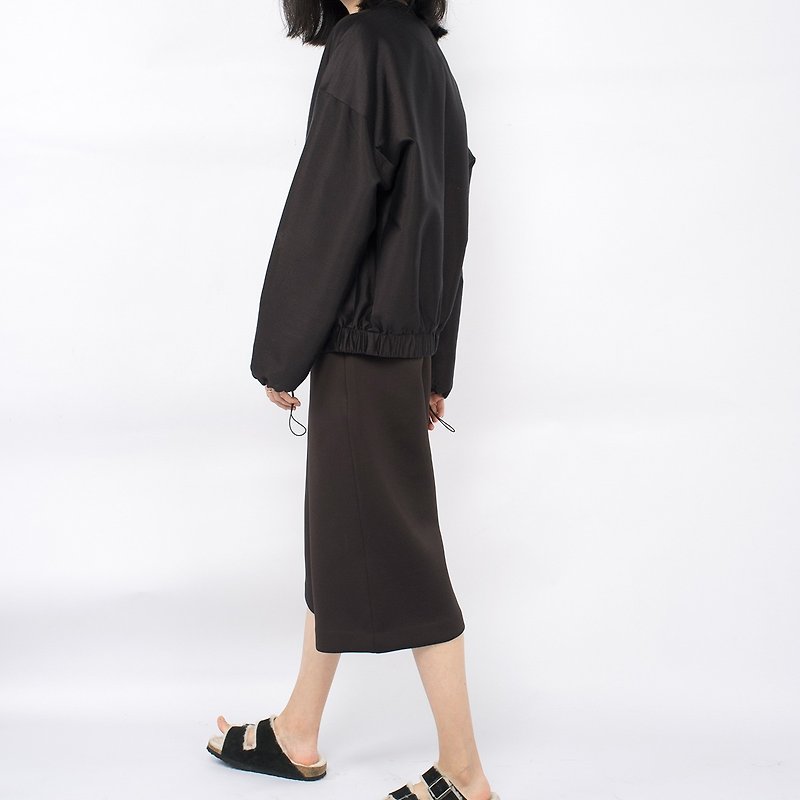 杲果GAOGUO原創設計女裝 17春夏拉鏈絲羊毛長袖短款純色外套夾克 - 女裝 上衣 - 絲．絹 黑色