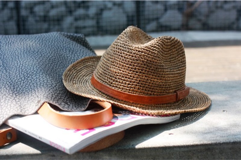 Fedora Rafi straw hat 5CM - classic leather section - หมวก - พืช/ดอกไม้ 