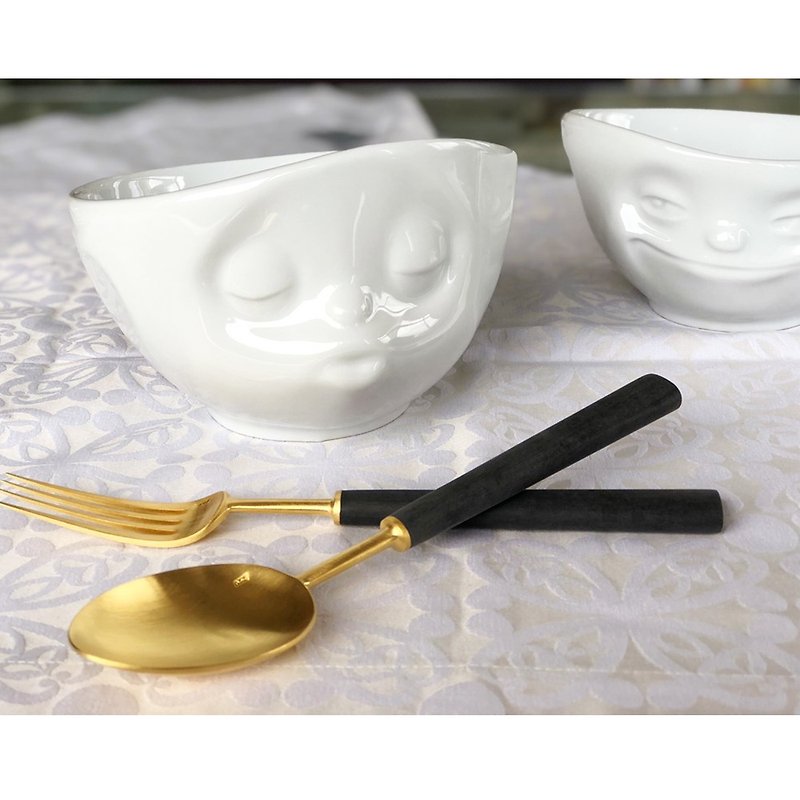 Goody Bag-Ebony Black Gold Main Dinner Fork Spoon and Fine Porcelain Fun Bowl Set - ถ้วยชาม - เครื่องลายคราม ขาว