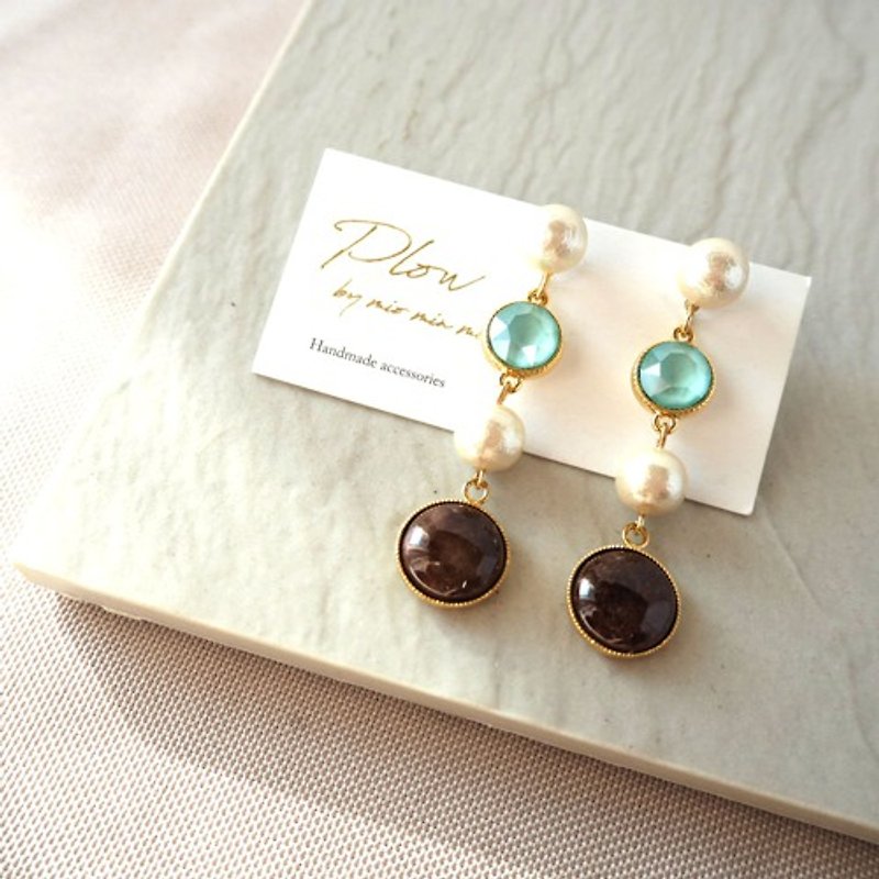Cloisonne Pearl Swallow ♡ 4 consecutive earrings ~ brown x green ~ - ต่างหู - แก้ว 
