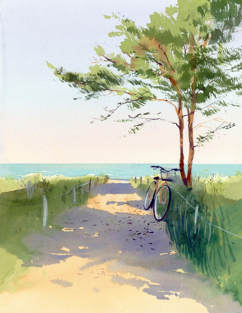 ハヤオは自転車を忘れました - 水彩アート プリント - 大きなポスター プリント - ウォールデコ・壁紙 - 紙 ホワイト