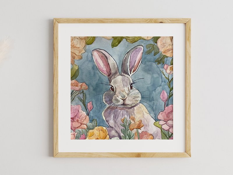 Cute Bunny nice rabbit original watercolor painting animal art for kids - ตกแต่งผนัง - กระดาษ หลากหลายสี