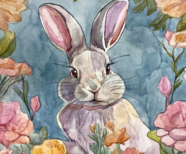 かわいいバニー素敵なウサギのオリジナル水彩画動物アート子供の
