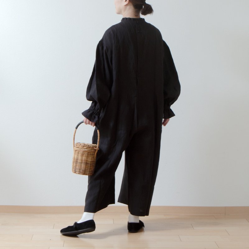 Tuck frill collar gathered long sleeve Linen all-in-one/black - Overalls & Jumpsuits - Cotton & Hemp Black