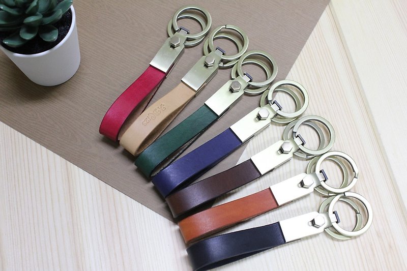 【Mini5】Double-ring leather keychain/ (can be embossed)/exchange gift - Keychains - Genuine Leather Multicolor