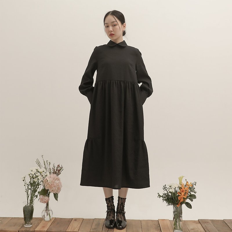 [Classic original] Time_Nianhua pleated dress_CLD504_black - One Piece Dresses - Polyester Black