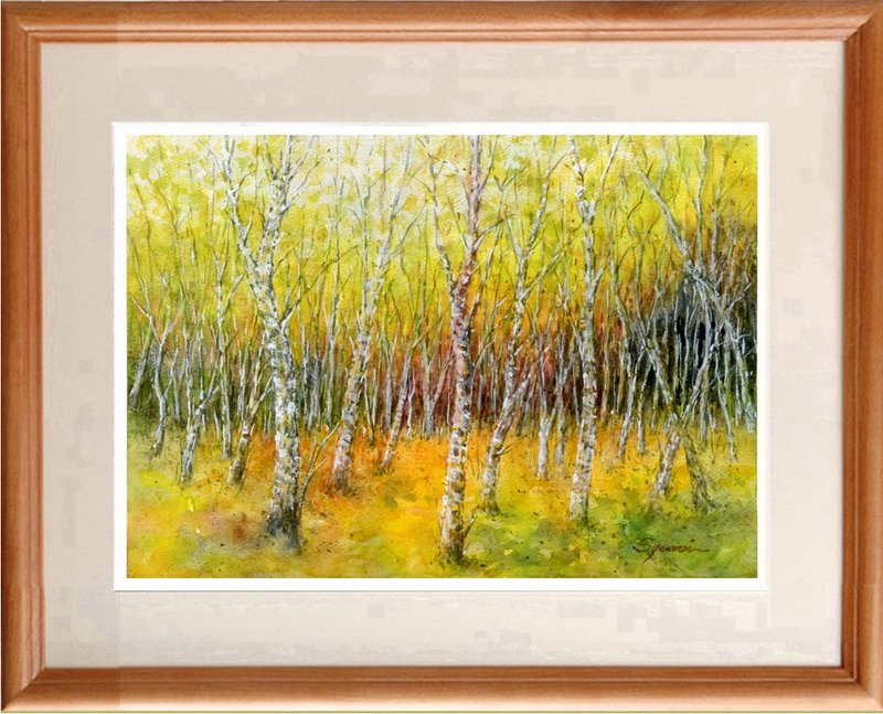 Made to order: Original watercolor painting of a group of white birches - โปสเตอร์ - กระดาษ สีส้ม