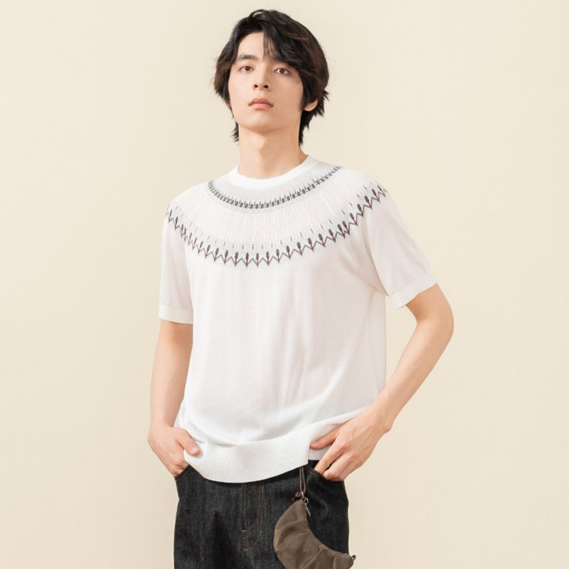 [Aurora] Urban Retro / Fair Isle Jacquard Lyocell Short Sleeve - Men's T-Shirts & Tops - Other Materials Multicolor