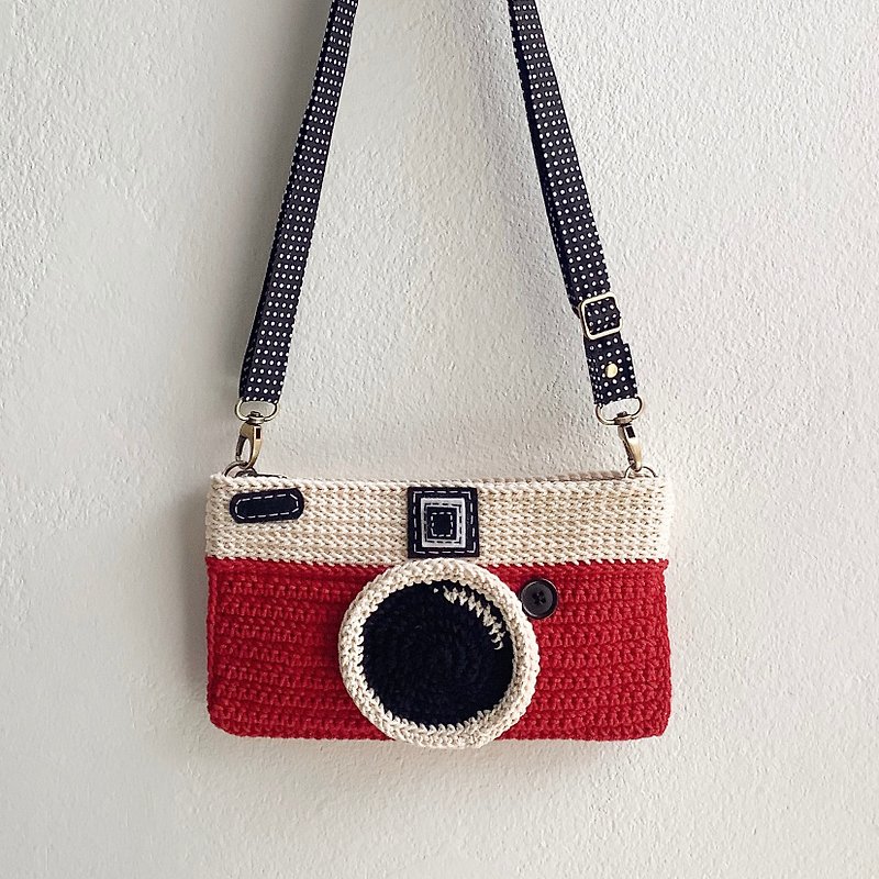 Red and White Vintage Camera Crochet Bag | chest back, cross-body bag. - Messenger Bags & Sling Bags - Cotton & Hemp Red