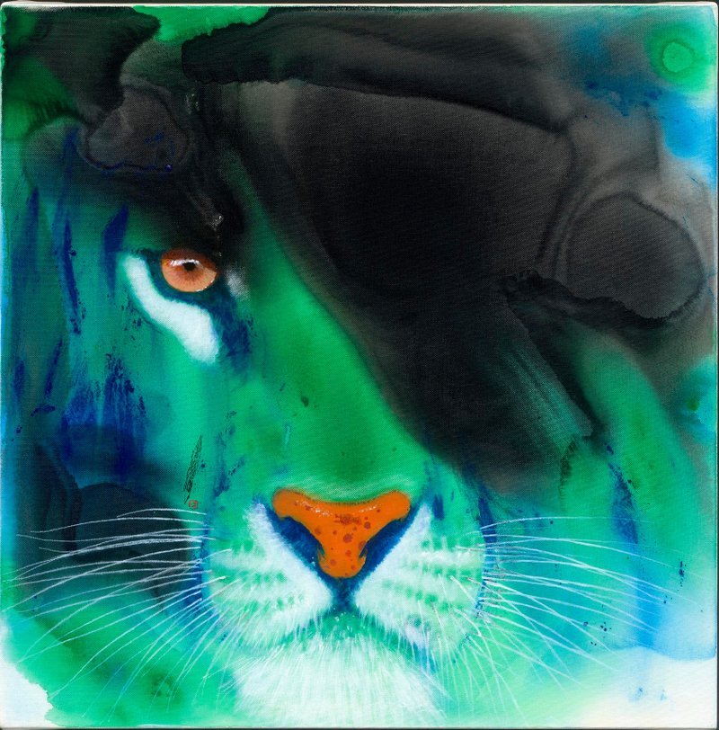 Lion Artwork Acrylic on Canvas Painting Signed by Painter Sun Lin - Posters - Other Materials Green