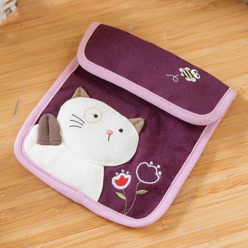 Kiro Cat Embroidery Pocket Bag Toilet Paper/Tissue/Physiology/Small Object Storage Bag【223002】 - Other - Cotton & Hemp Purple