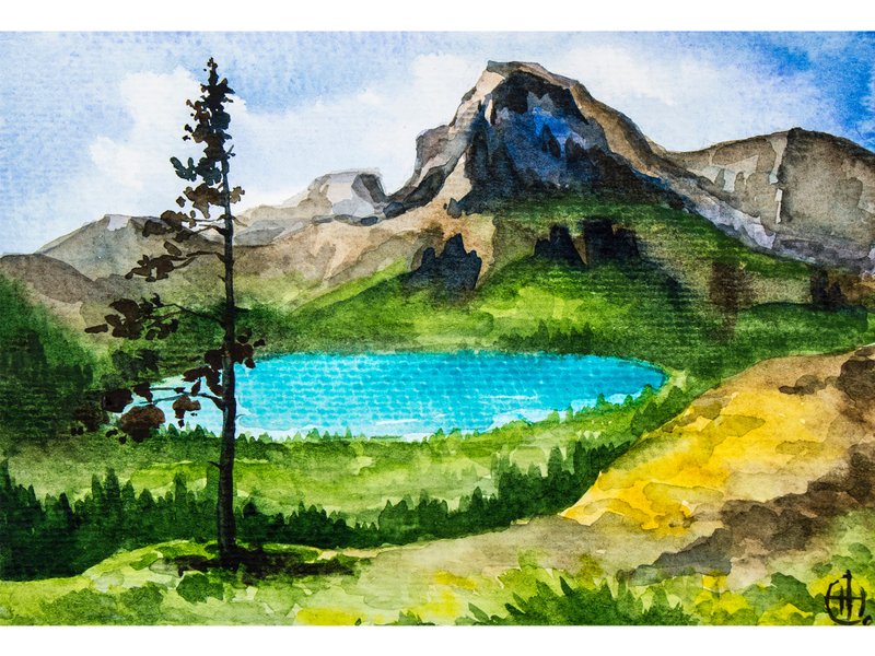 Mountain Lake Watercolor Painting Pine Tree Original Art Green Brown Landscape - 海報/掛畫/掛布 - 紙 綠色