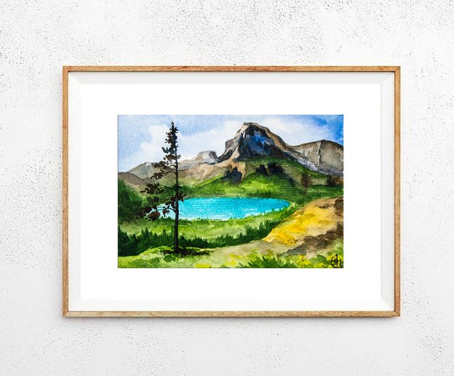 山 湖 水彩画 松 木 原画 緑ブラウン風景 - ショップ Nadya Ya