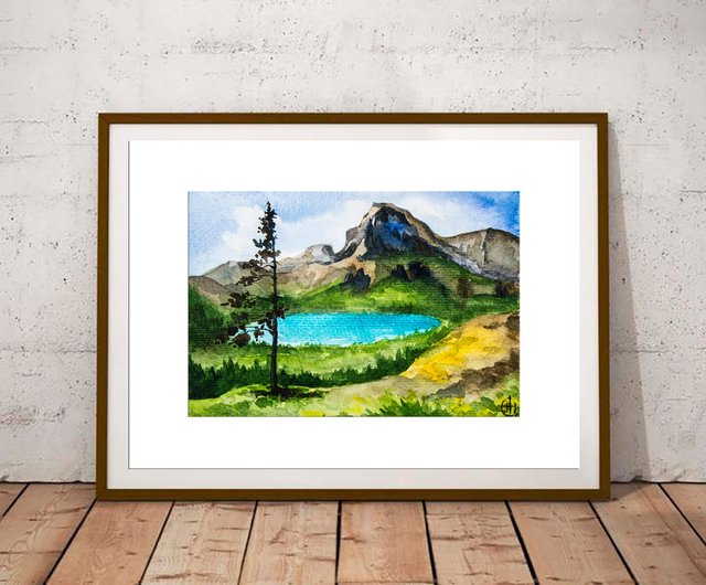 山 湖 水彩画 松 木 原画 緑ブラウン風景 - ショップ Nadya Ya Art