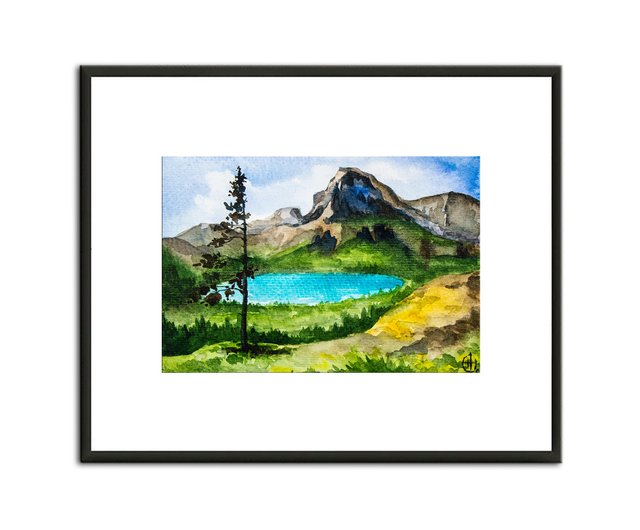 原画『 緑世界 』アクリル水彩画 絵画 風景画 アート イラスト 湖畔 山 湖 水彩画 松 木 原画 緑ブラウン風景 - ショップ Nadya Ya