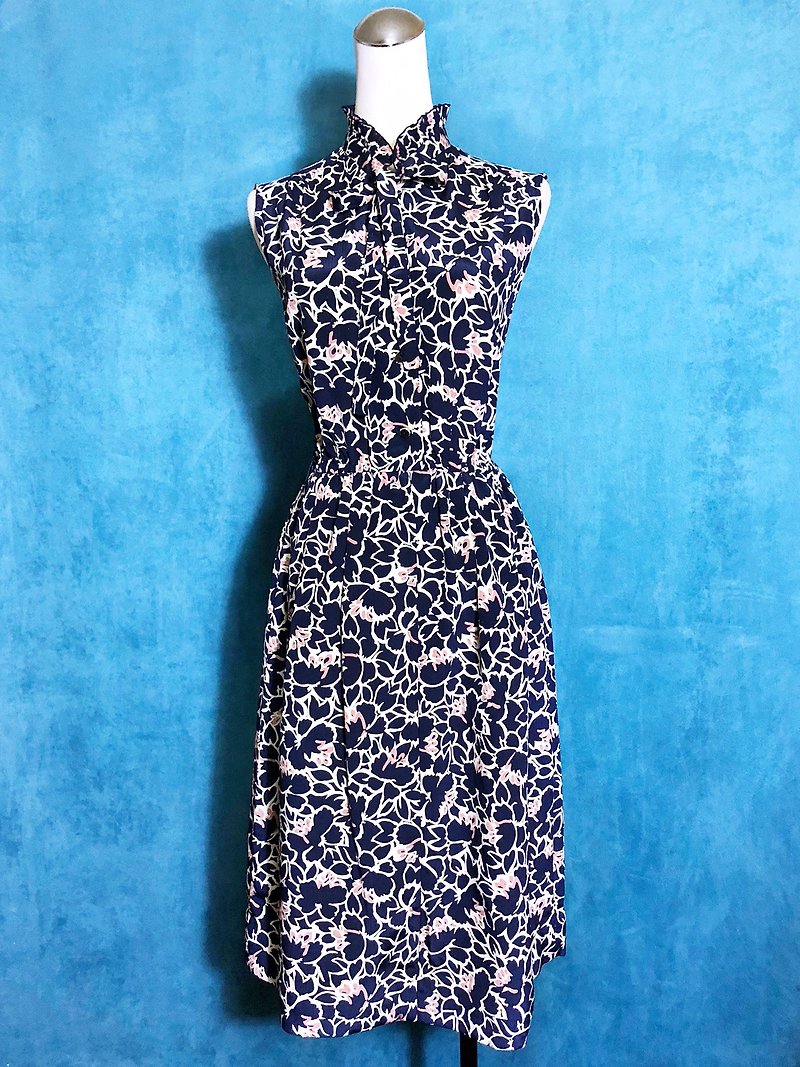 花朵荷葉邊領結無袖古著洋裝 / 國外帶回 VINTAGE - 洋裝/連身裙 - 聚酯纖維 藍色