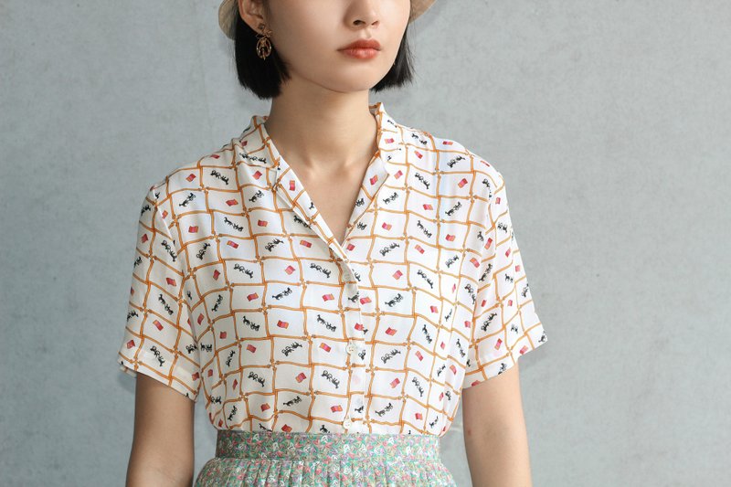 馬車西裝領短袖古著襯衫 - 女襯衫 - 聚酯纖維 白色