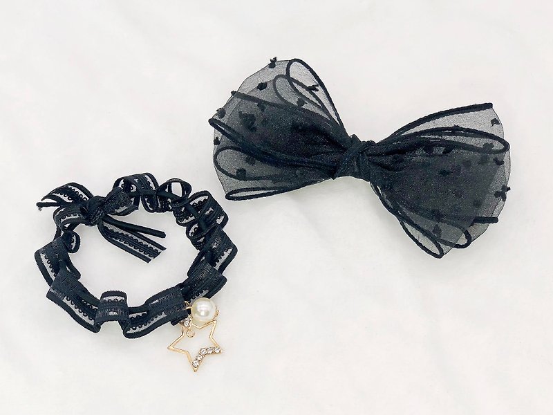 Pretty Ribbon Bow Hair Clip with Lace Ponytail Holder Set  - เครื่องประดับผม - วัสดุอื่นๆ สีดำ