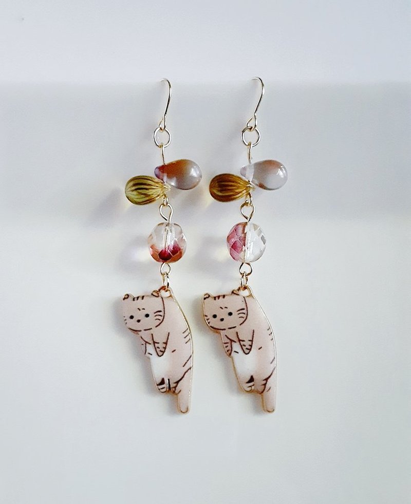 Cute earrings with drop beads and a hanging cat. Brown tiger. Adult chic. Unique. Stylish. Animal motif. Can be changed to allergy-friendly earrings or Clip-On. - Earrings & Clip-ons - Other Materials Brown