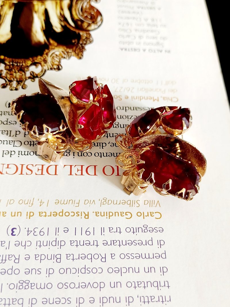 vintage jewelry classic colorful ruby ​​red rhine clip-on earrings - ต่างหู - โลหะ 