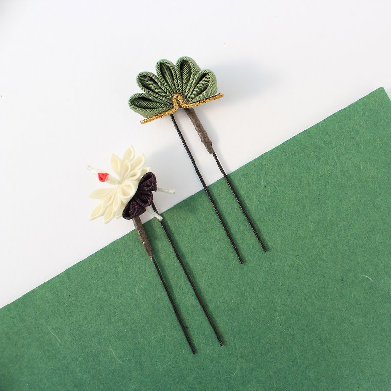 Hair ornament crane & japanese pine - Hair Accessories - Silk Green