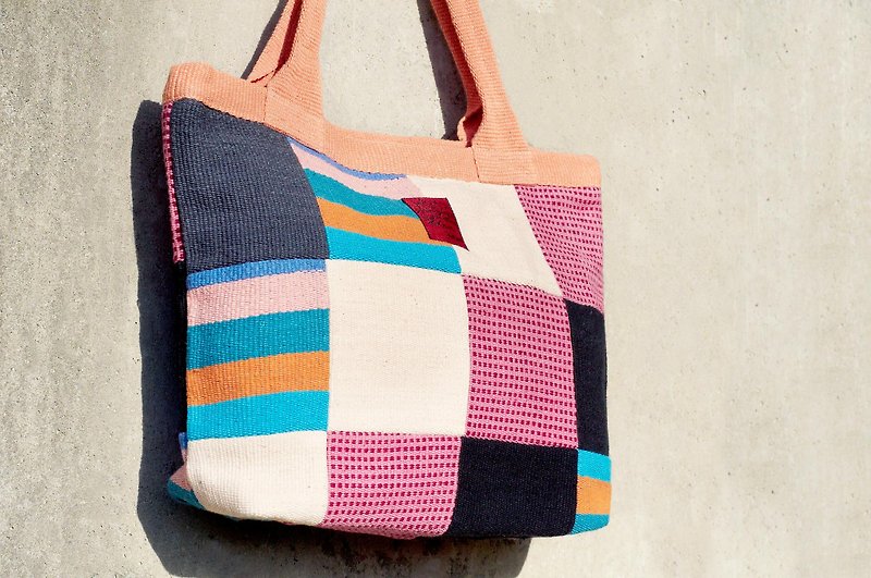 Natural hand-woven colorful rainbow canvas bag / backpack / shoulder bag / Shoulder Bag - Natural feel mixed colors geometric stripe design (a limit) - กระเป๋าแมสเซนเจอร์ - ผ้าฝ้าย/ผ้าลินิน หลากหลายสี