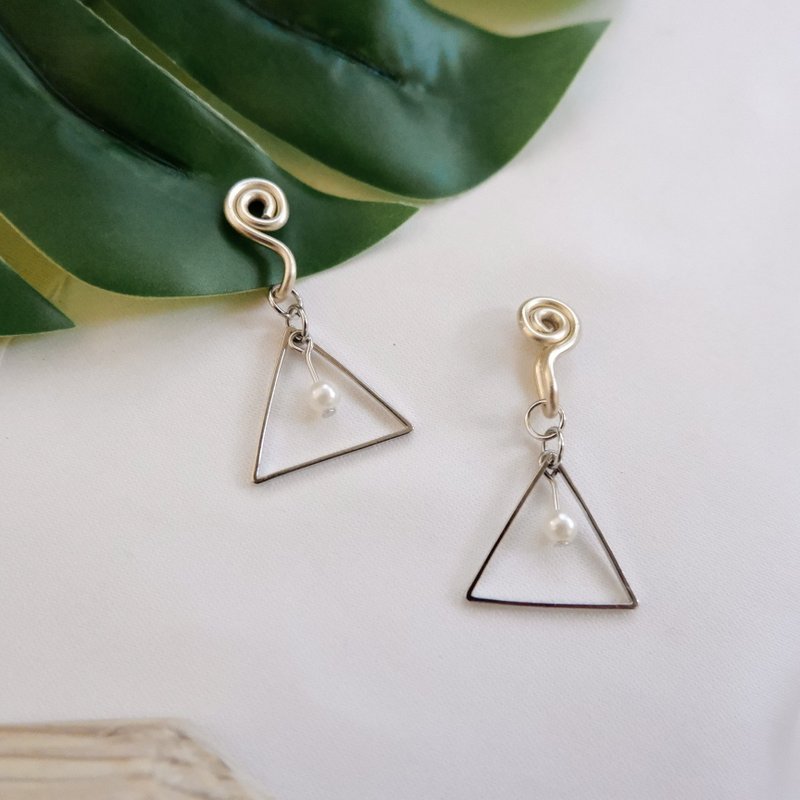 silver triangle with pearl comfortable ear clip - Earrings & Clip-ons - Other Metals Silver