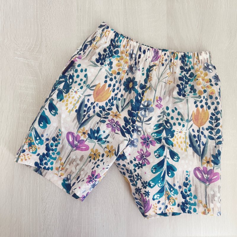 Jinbei shorts five-quarter pants watercolor garden - กางเกง - ผ้าฝ้าย/ผ้าลินิน สีน้ำเงิน