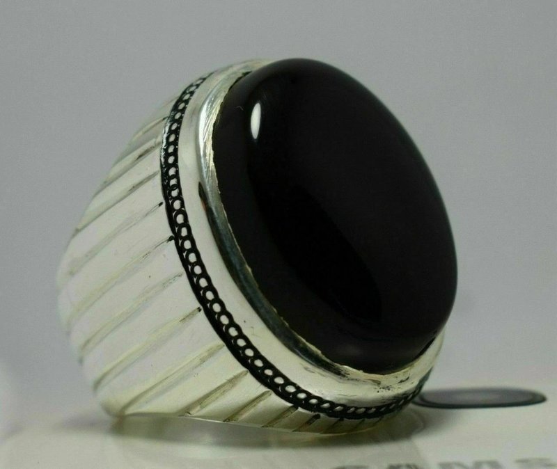 Black Blood Red Yemeni Aqeeq Ring Mens Handmade Silver Ring Real Gemstone Rings - 戒指 - 寶石 黑色