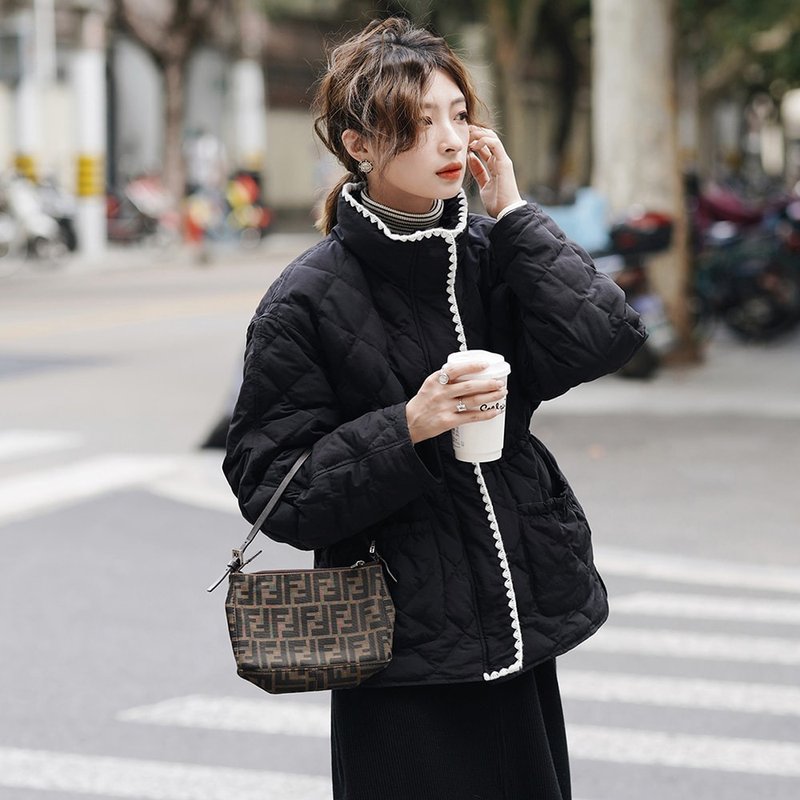 白鴨絨抽繩收腰羽絨服|外套|秋冬款|Sora-1050 - 女大衣/外套 - 其他人造纖維 黑色