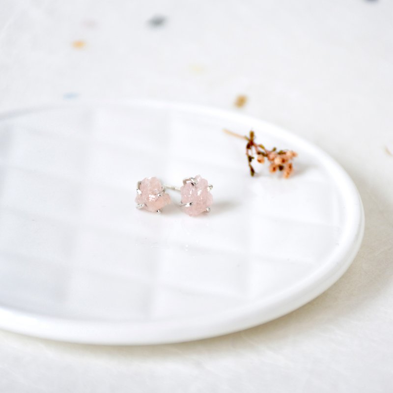 Handmade Pink Raw Morganite with sterling silver Stud Earring, Ready to Ship - Earrings & Clip-ons - Gemstone Pink