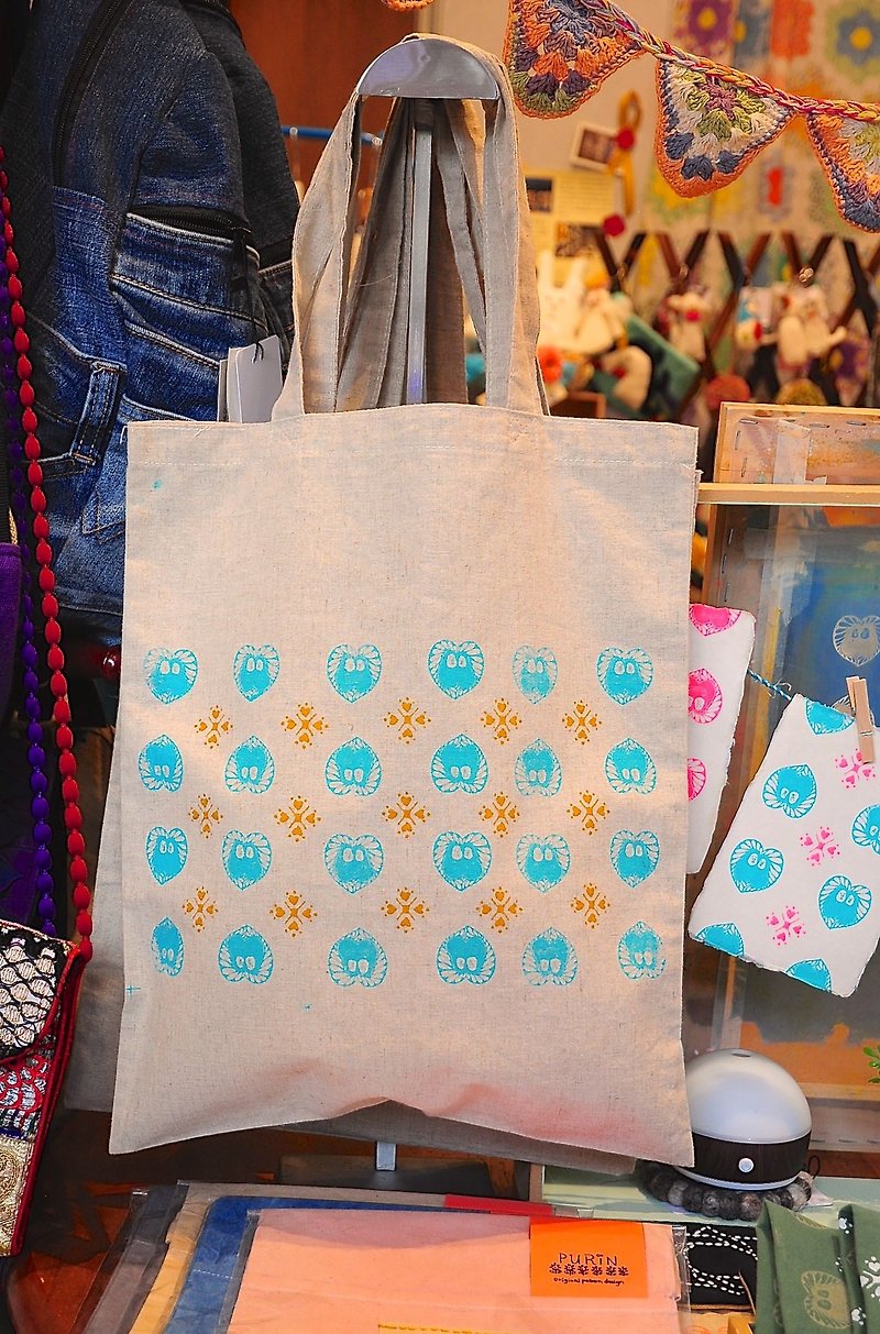 Purin Original Pattern Design/亞麻帆布袋 - 手袋/手提袋 - 棉．麻 藍色