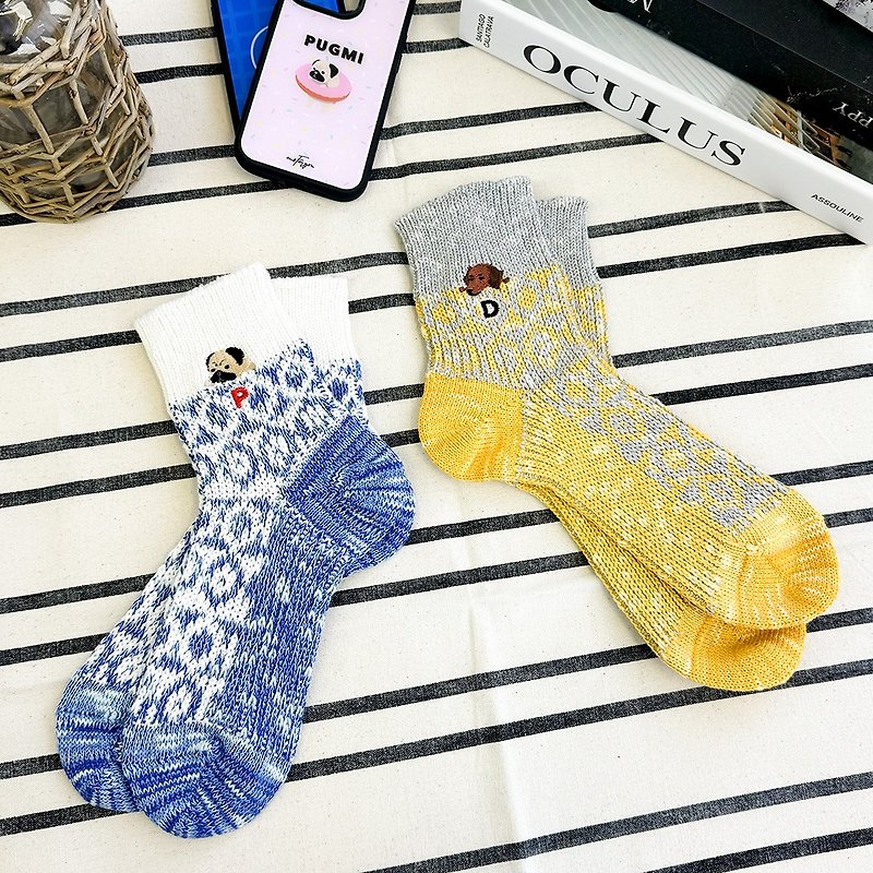 【イニシャル入り】Doggy Face Socks - 襪子 - 棉．麻 白色