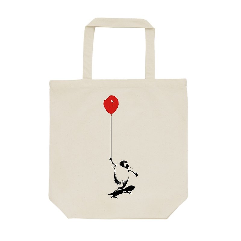 tote bag / ペンギンと風船とスケートボード - Handbags & Totes - Cotton & Hemp Khaki