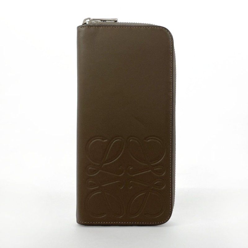 【日本直送 中古美品】ロエベ LOEWE 長財布 ラウンドファスナー アナグラム 型押しロゴ レザー ブラウン シルバー金具 メンズ - 皮夾/長短夾/錢包 - 真皮 咖啡色