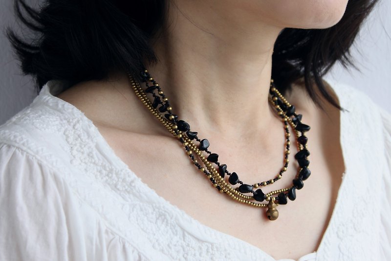 Onyx Brass Layered Woven Stone Short Necklaces Hippy Bohemian Style Jewelry - Necklaces - Stone Black