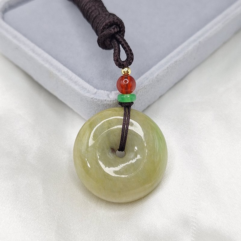 天然濃黃翡飄綠花 平安扣吊墜 | 天然緬甸玉A貨翡翠 - 項鍊 - 玉石 