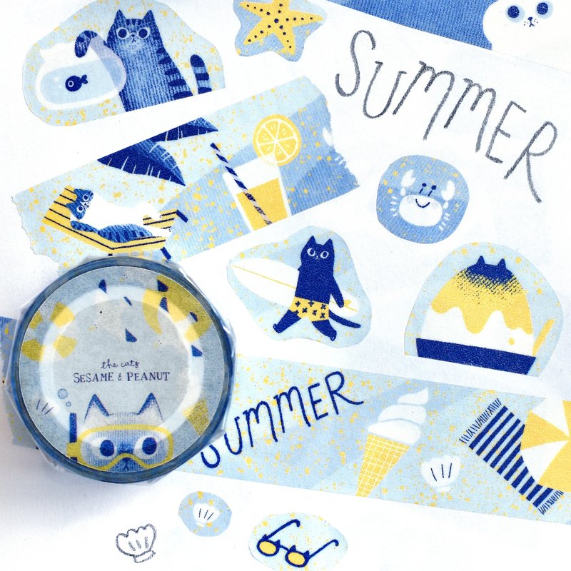 Lots and Lots of Cats' Summer Washi Tape - มาสกิ้งเทป - กระดาษ สีน้ำเงิน