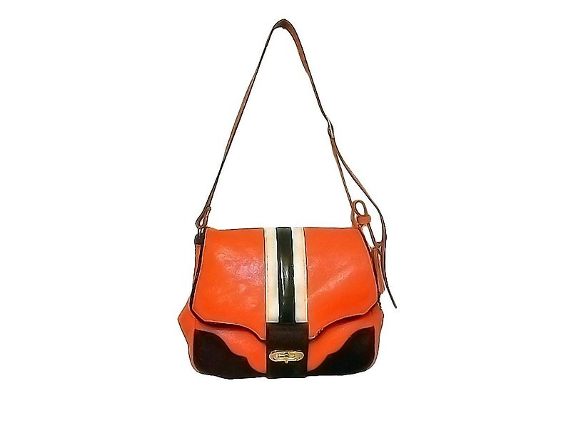 Orange & calf fur shoulder bag - กระเป๋าแมสเซนเจอร์ - หนังแท้ สีส้ม
